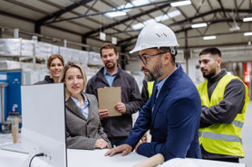 A project management professional in a construction site hard hat showing a team of project professionals some work on a computer screen